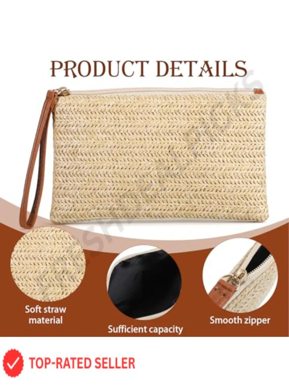 Straw Clutch Purse for Women Wristlet Boho Handbag Zipper
